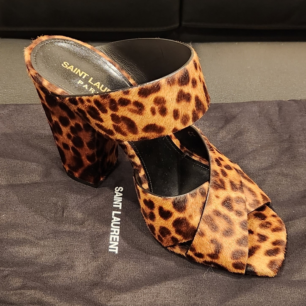 Saint Lauren Oak 100 Pony Spots Mule Sandal Leopard Print Mule 4" Hell Sz 7.5 - Picture 5 of 8